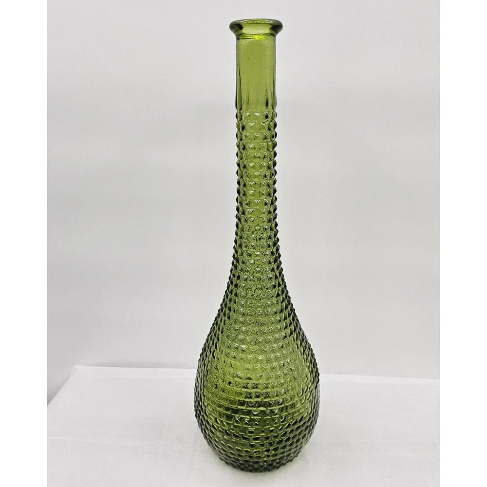 Vintage Mid Century Green Glass Genie Bottle Decanter Hobnail 15.5